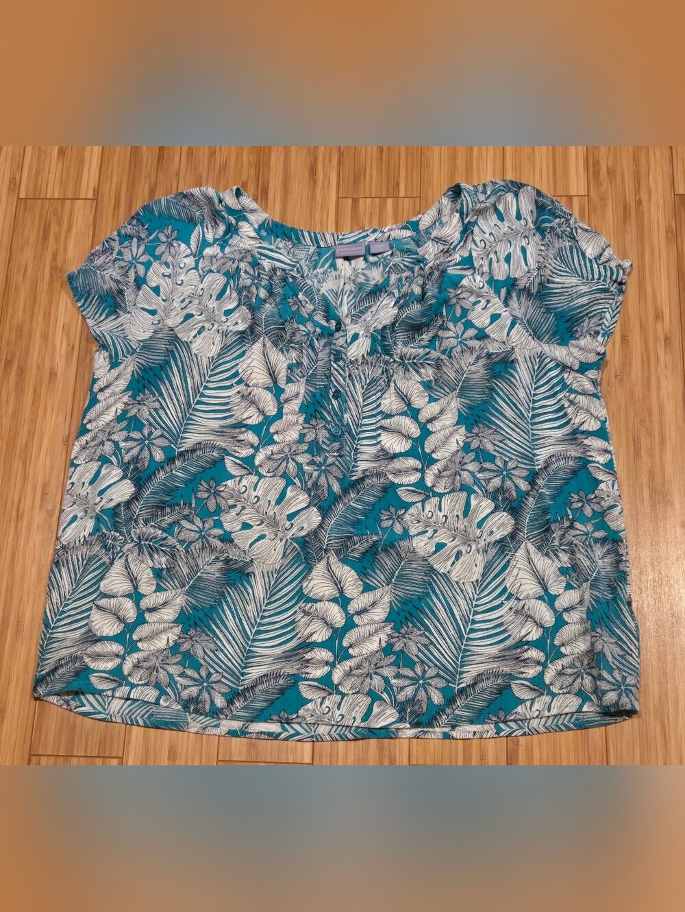 Laura Scott Women's Teal Tropical Print Short Sleeve Top